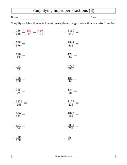 The Simplifying Improper Fractions to Lowest Terms (Harder Questions) (B) Math Worksheet