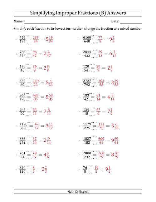The Simplifying Improper Fractions to Lowest Terms (Harder Questions) (B) Math Worksheet Page 2