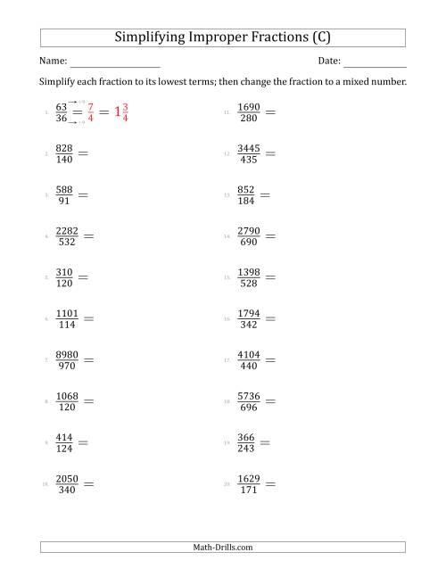 The Simplifying Improper Fractions to Lowest Terms (Harder Questions) (C) Math Worksheet
