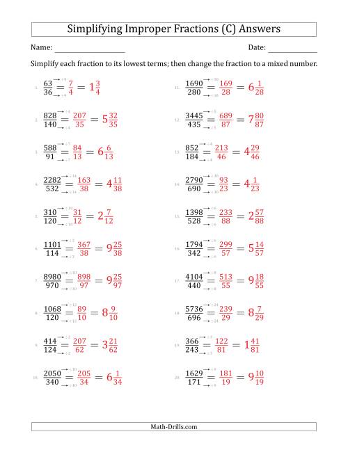 The Simplifying Improper Fractions to Lowest Terms (Harder Questions) (C) Math Worksheet Page 2