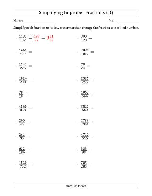The Simplifying Improper Fractions to Lowest Terms (Harder Questions) (D) Math Worksheet