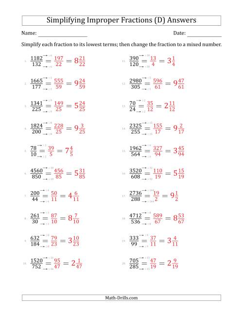 The Simplifying Improper Fractions to Lowest Terms (Harder Questions) (D) Math Worksheet Page 2