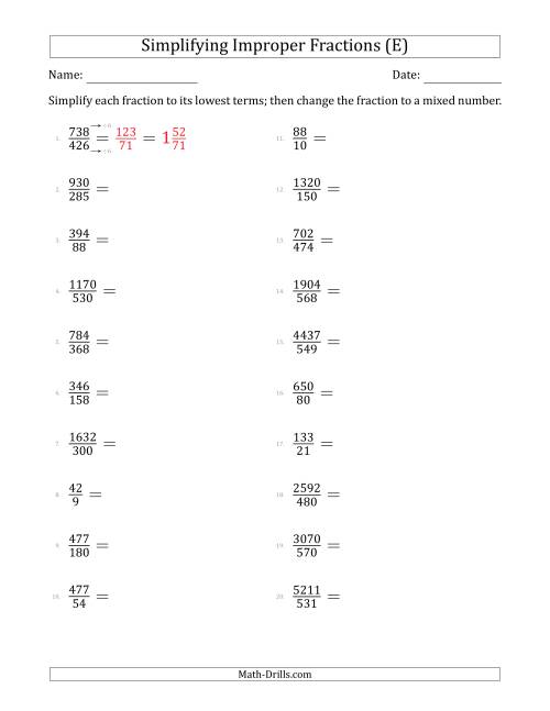 The Simplifying Improper Fractions to Lowest Terms (Harder Questions) (E) Math Worksheet