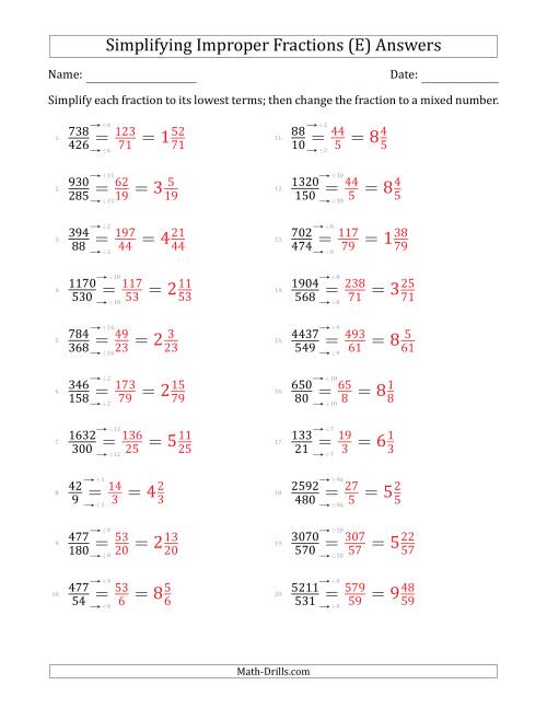 The Simplifying Improper Fractions to Lowest Terms (Harder Questions) (E) Math Worksheet Page 2