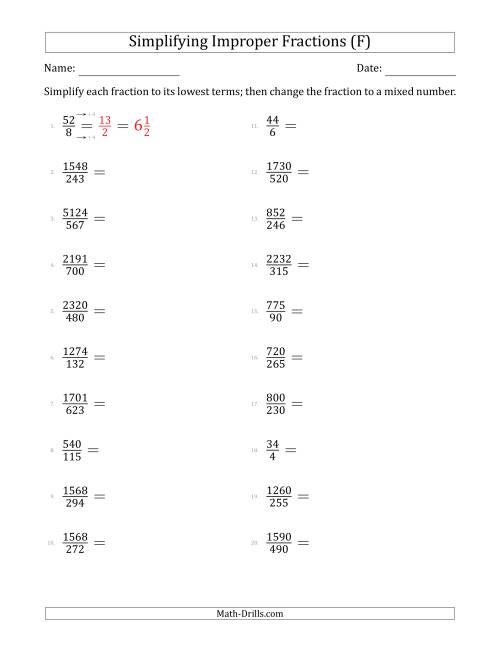 The Simplifying Improper Fractions to Lowest Terms (Harder Questions) (F) Math Worksheet