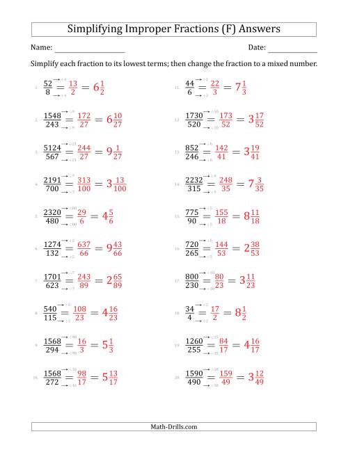 The Simplifying Improper Fractions to Lowest Terms (Harder Questions) (F) Math Worksheet Page 2