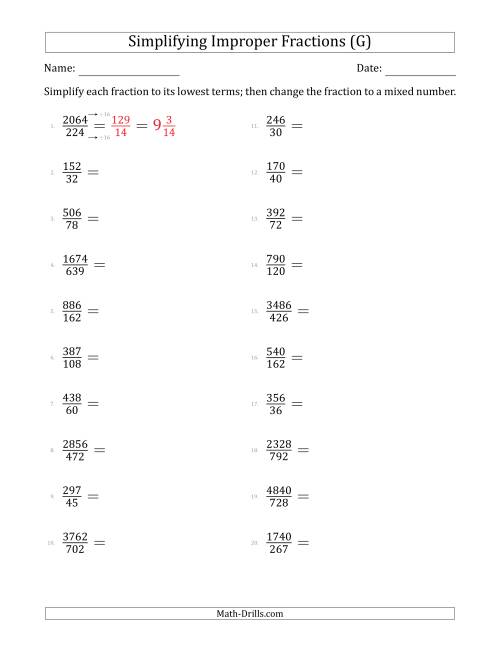 The Simplifying Improper Fractions to Lowest Terms (Harder Questions) (G) Math Worksheet