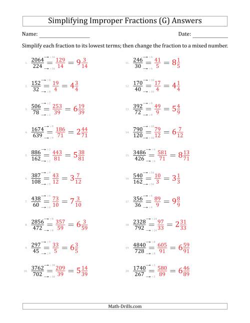 The Simplifying Improper Fractions to Lowest Terms (Harder Questions) (G) Math Worksheet Page 2