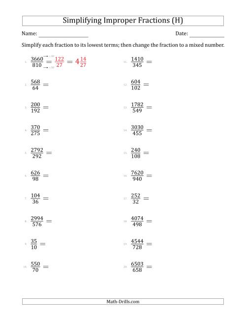 The Simplifying Improper Fractions to Lowest Terms (Harder Questions) (H) Math Worksheet