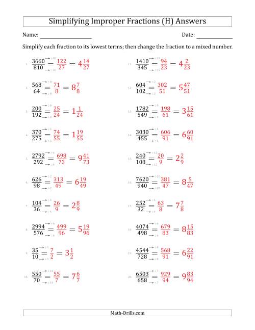 The Simplifying Improper Fractions to Lowest Terms (Harder Questions) (H) Math Worksheet Page 2