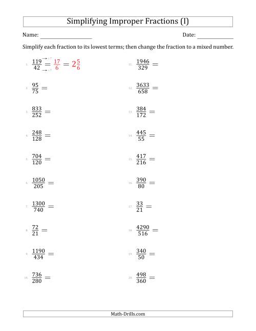 The Simplifying Improper Fractions to Lowest Terms (Harder Questions) (I) Math Worksheet
