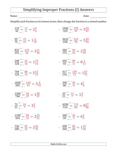 The Simplifying Improper Fractions to Lowest Terms (Harder Questions) (I) Math Worksheet Page 2