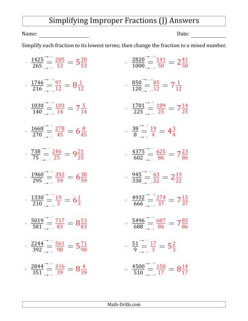 The Simplifying Improper Fractions to Lowest Terms (Harder Questions) (J) Math Worksheet Page 2