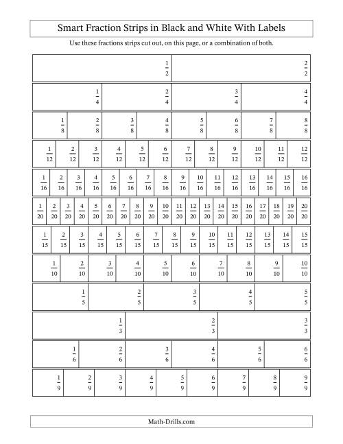 The Smart Fraction Strips in Black and White With Labels Math Worksheet