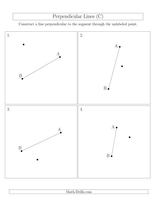 The Perpendicular Lines Through Points Not on a Line Segment (Segments are randomly rotated) (C) Math Worksheet