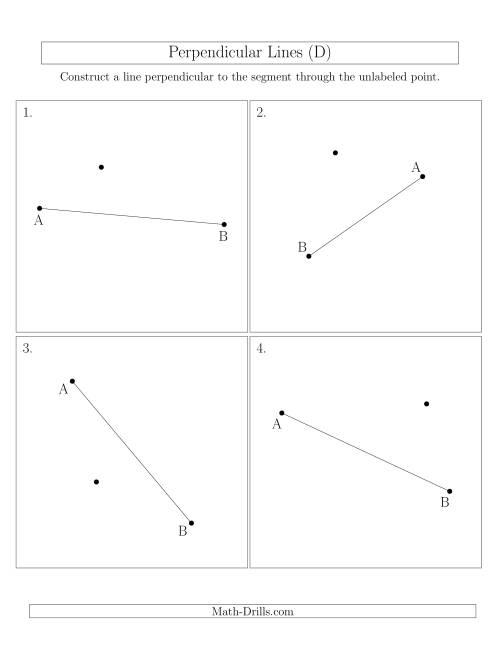 The Perpendicular Lines Through Points Not on a Line Segment (Segments are randomly rotated) (D) Math Worksheet