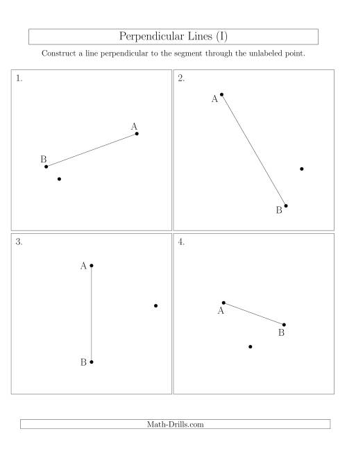 The Perpendicular Lines Through Points Not on a Line Segment (Segments are randomly rotated) (I) Math Worksheet