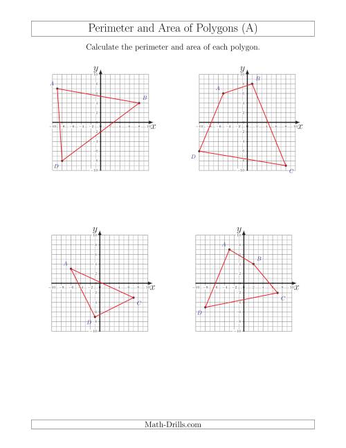 The Perimeter and Area of Polygons on Coordinate Planes (A) Math Worksheet