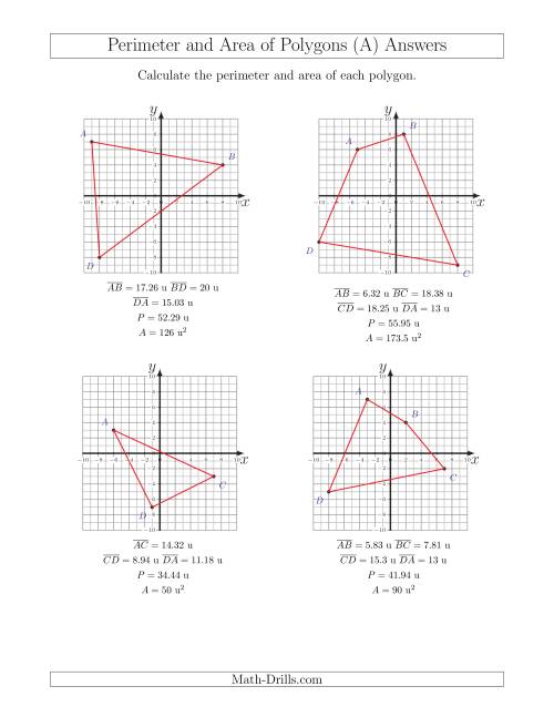 The Perimeter and Area of Polygons on Coordinate Planes (A) Math Worksheet Page 2