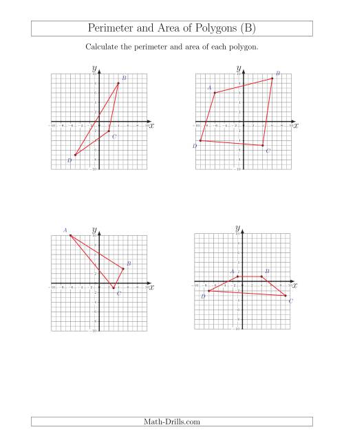 The Perimeter and Area of Polygons on Coordinate Planes (B) Math Worksheet