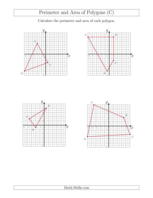 The Perimeter and Area of Polygons on Coordinate Planes (C) Math Worksheet