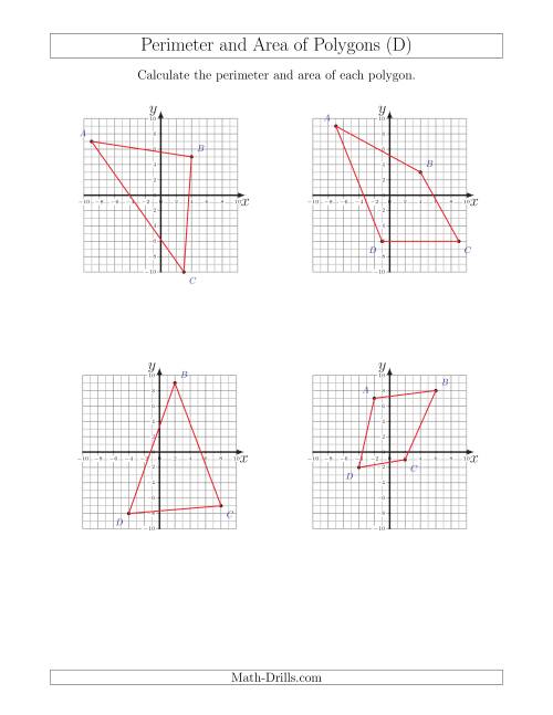The Perimeter and Area of Polygons on Coordinate Planes (D) Math Worksheet