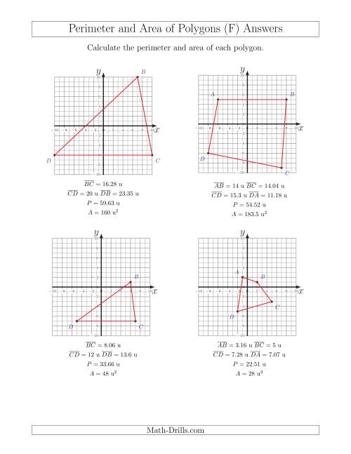 The Perimeter and Area of Polygons on Coordinate Planes (F) Math Worksheet Page 2