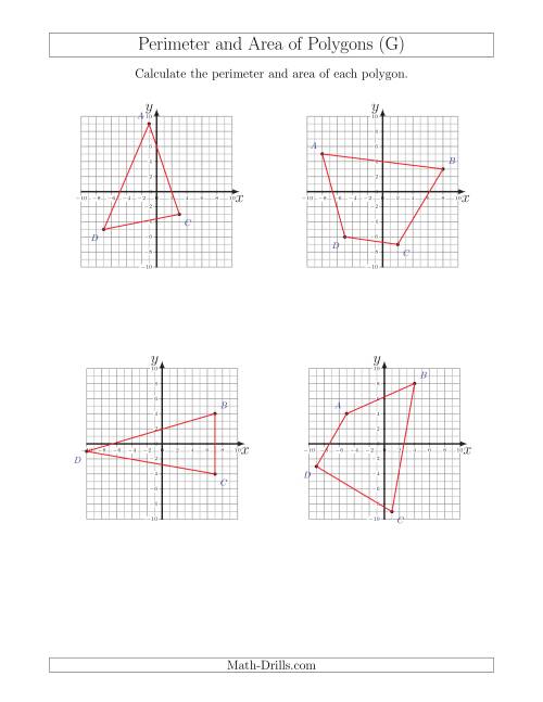 The Perimeter and Area of Polygons on Coordinate Planes (G) Math Worksheet