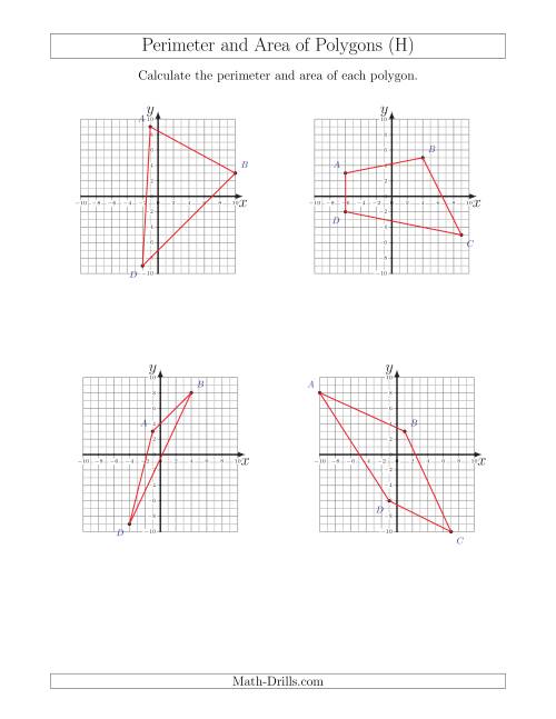 The Perimeter and Area of Polygons on Coordinate Planes (H) Math Worksheet