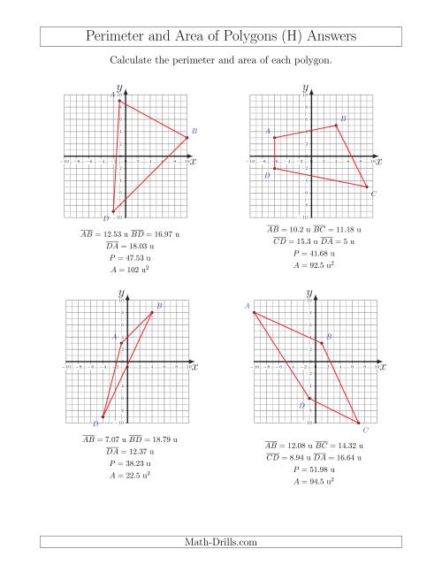 The Perimeter and Area of Polygons on Coordinate Planes (H) Math Worksheet Page 2
