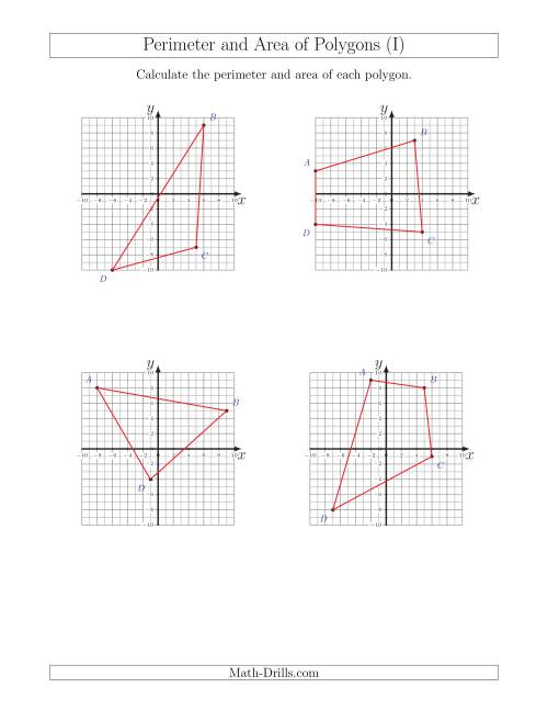 The Perimeter and Area of Polygons on Coordinate Planes (I) Math Worksheet