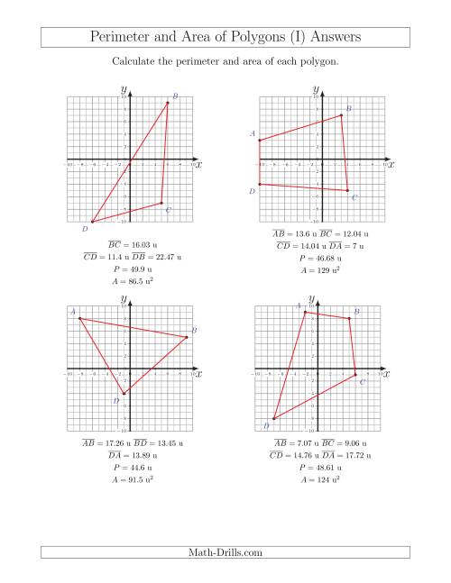 The Perimeter and Area of Polygons on Coordinate Planes (I) Math Worksheet Page 2