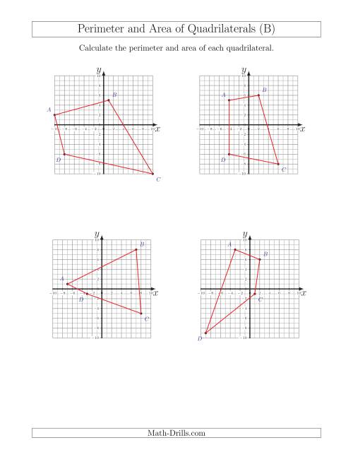 The Perimeter and Area of Quadrilaterals on Coordinate Planes (B) Math Worksheet