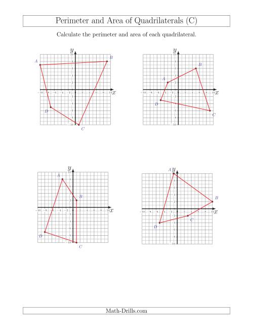 The Perimeter and Area of Quadrilaterals on Coordinate Planes (C) Math Worksheet