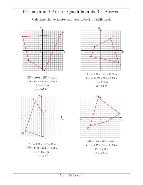 The Perimeter and Area of Quadrilaterals on Coordinate Planes (C) Math Worksheet Page 2