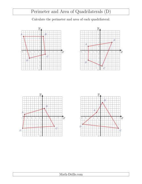 The Perimeter and Area of Quadrilaterals on Coordinate Planes (D) Math Worksheet