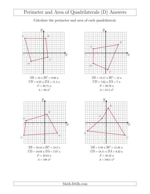 The Perimeter and Area of Quadrilaterals on Coordinate Planes (D) Math Worksheet Page 2