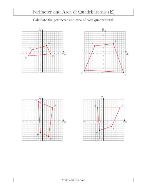 The Perimeter and Area of Quadrilaterals on Coordinate Planes (E) Math Worksheet