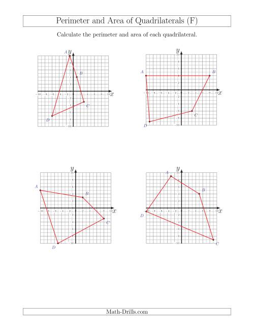 The Perimeter and Area of Quadrilaterals on Coordinate Planes (F) Math Worksheet