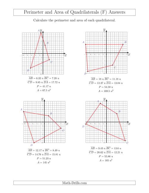 The Perimeter and Area of Quadrilaterals on Coordinate Planes (F) Math Worksheet Page 2