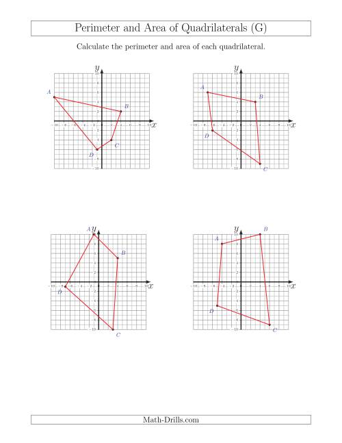 The Perimeter and Area of Quadrilaterals on Coordinate Planes (G) Math Worksheet