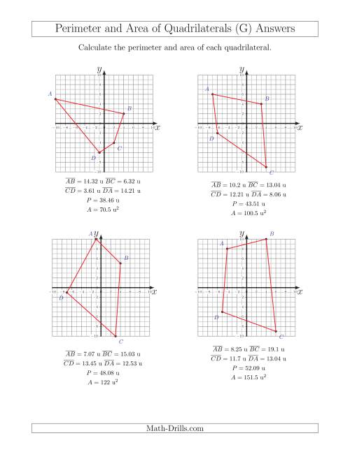 The Perimeter and Area of Quadrilaterals on Coordinate Planes (G) Math Worksheet Page 2