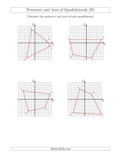 The Perimeter and Area of Quadrilaterals on Coordinate Planes (H) Math Worksheet