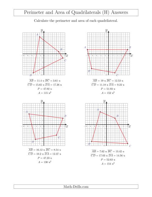 The Perimeter and Area of Quadrilaterals on Coordinate Planes (H) Math Worksheet Page 2