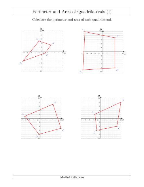 The Perimeter and Area of Quadrilaterals on Coordinate Planes (I) Math Worksheet