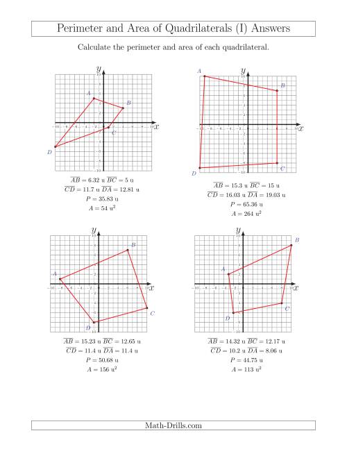 The Perimeter and Area of Quadrilaterals on Coordinate Planes (I) Math Worksheet Page 2