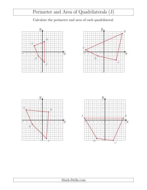 The Perimeter and Area of Quadrilaterals on Coordinate Planes (J) Math Worksheet