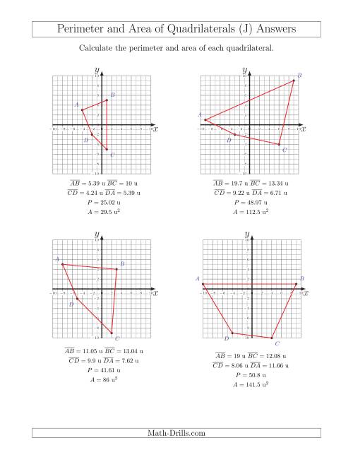 The Perimeter and Area of Quadrilaterals on Coordinate Planes (J) Math Worksheet Page 2
