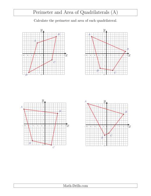 The Perimeter and Area of Quadrilaterals on Coordinate Planes (All) Math Worksheet
