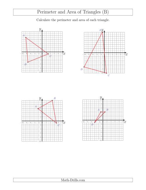 The Perimeter and Area of Triangles on Coordinate Planes (B) Math Worksheet